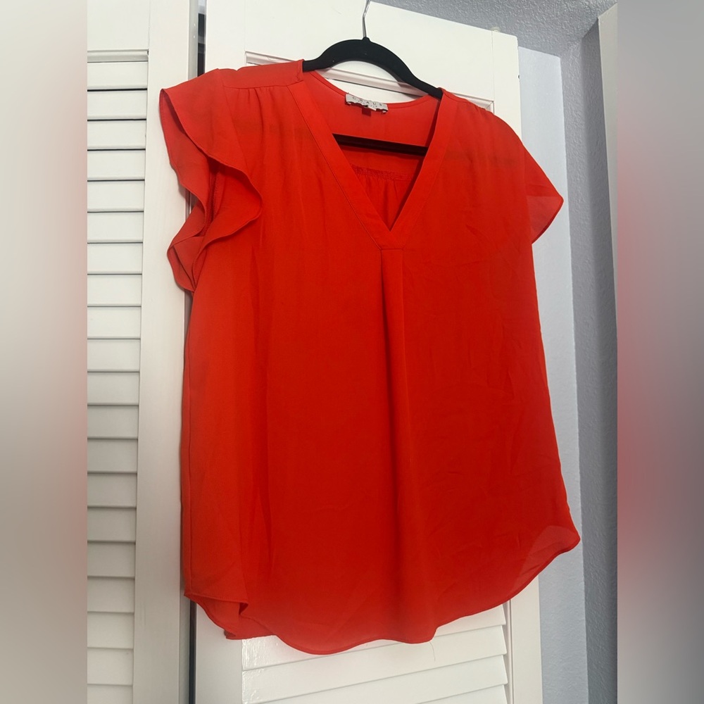 Women's Red/orange V-Neck Top with flutter sleeves